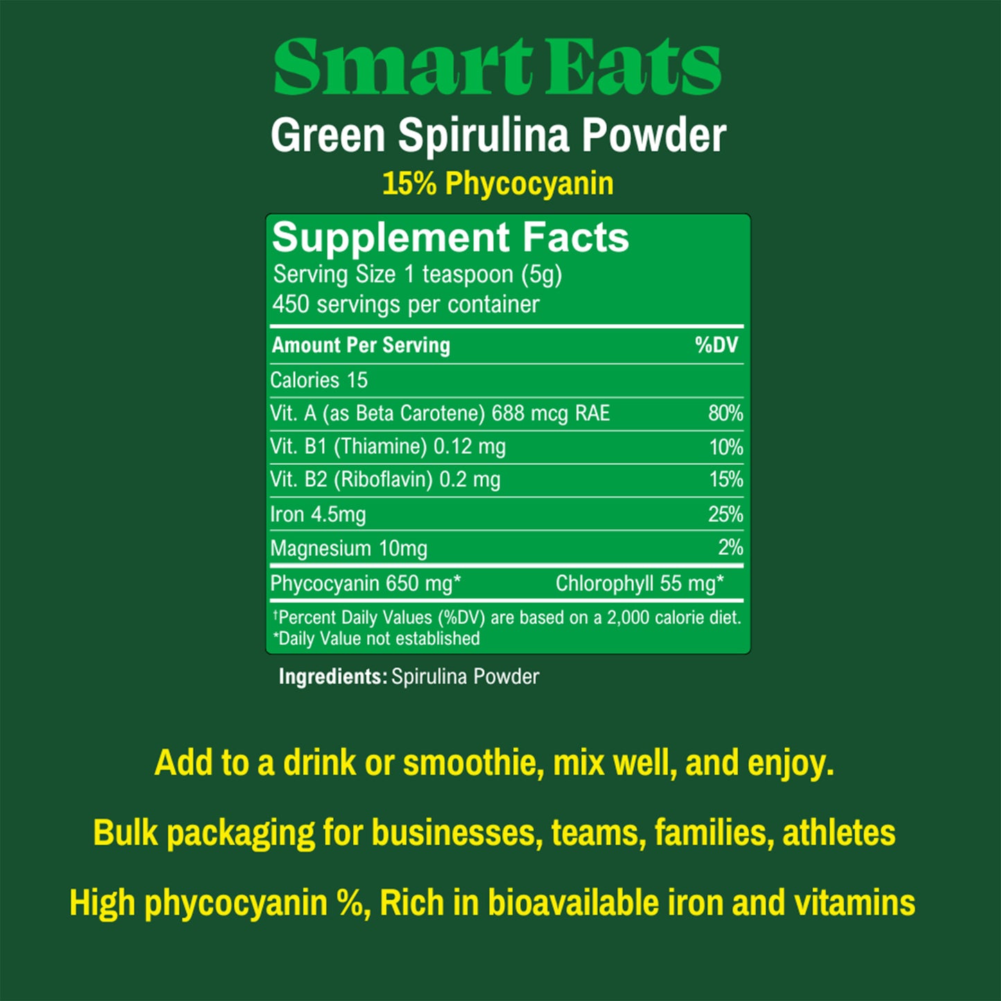 Green Spirulina (Organic) - Rich in Phycocyanin & Iron