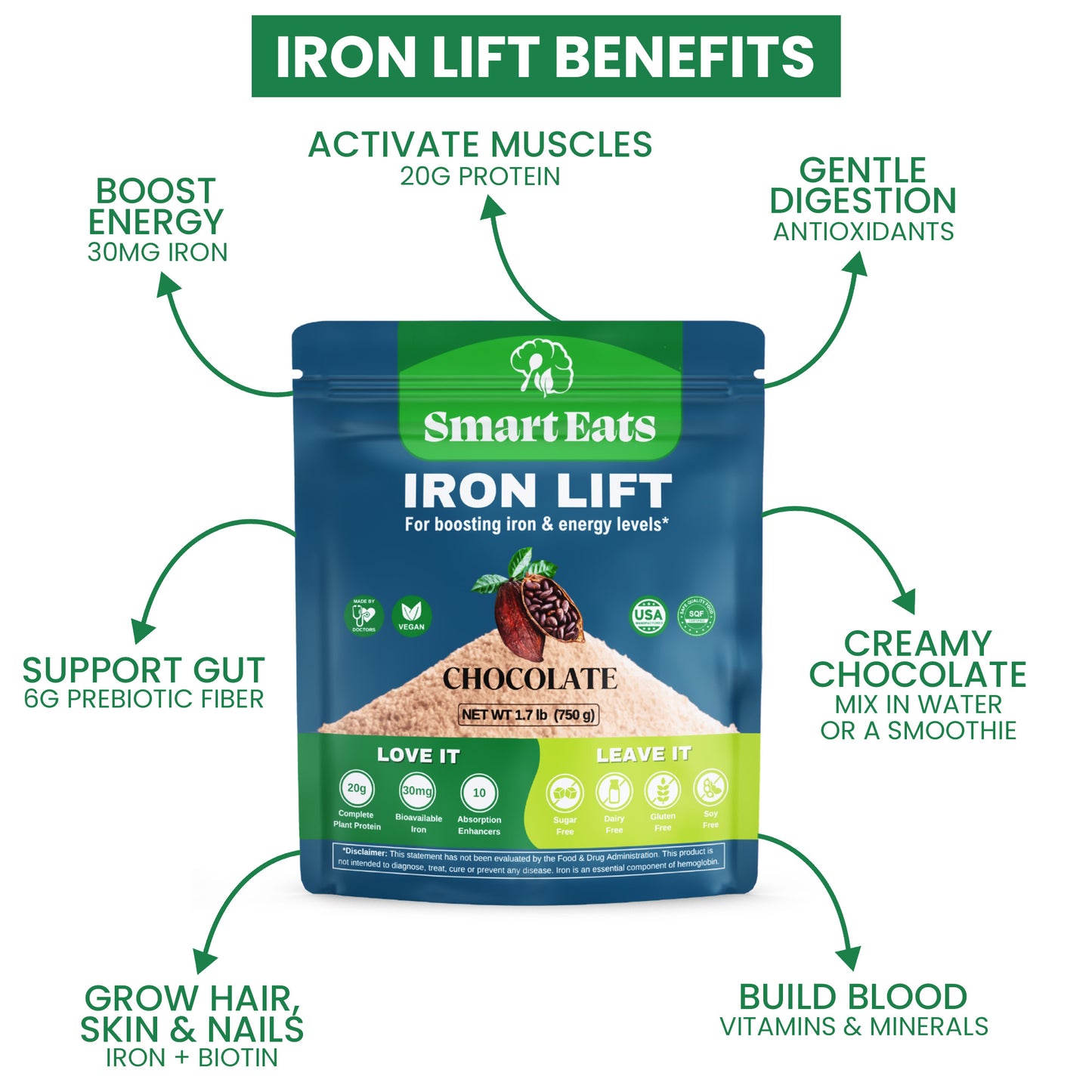 High Iron Drink & Smoothie Powder with Protein, Vitamins, Fiber, Antioxidants