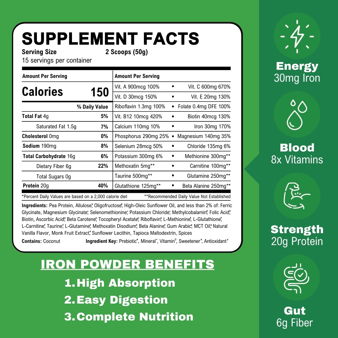 Iron Powder - Highly Absorbed, Avoids Side Effects - Vegan Vanilla