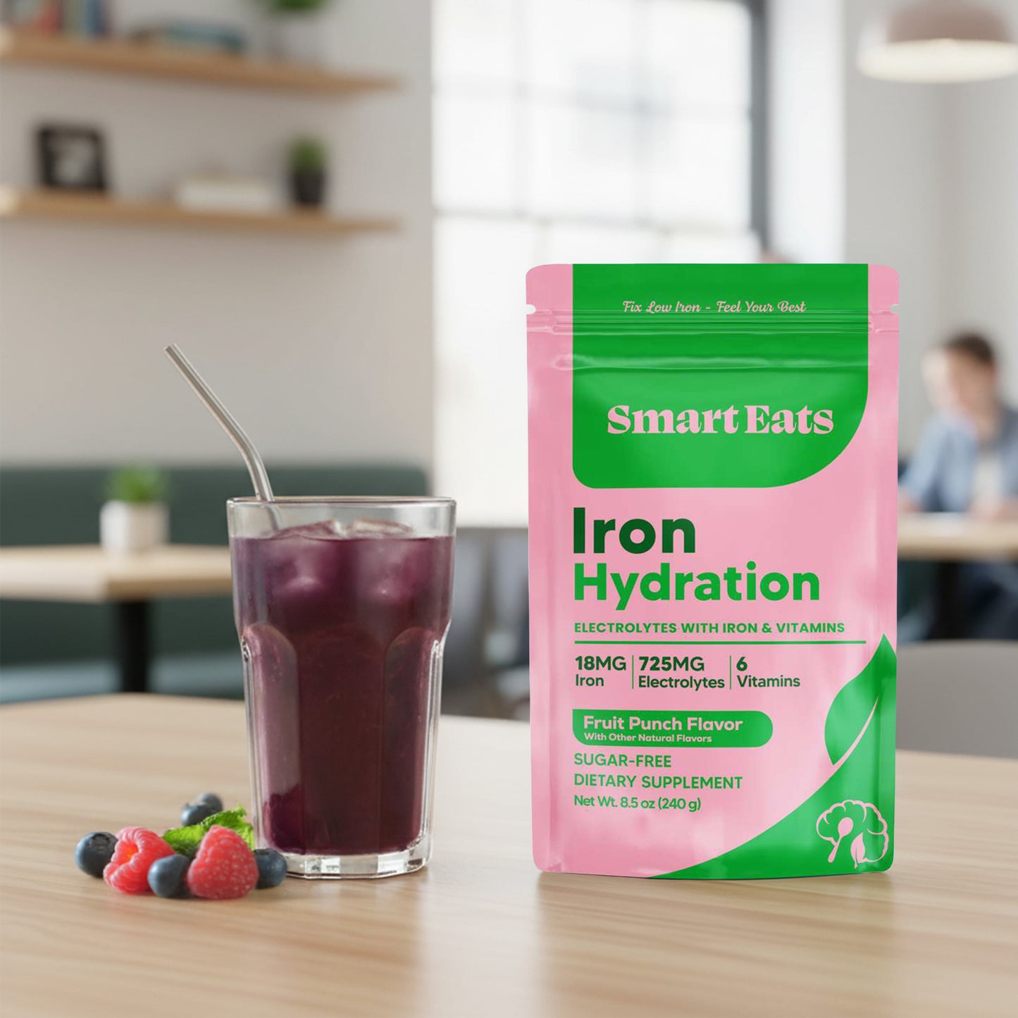 Iron Hydration - 18mg Gentle Iron, 725mg Electrolytes, 6 Vitamins to Boost Absorption, Sugar Free, Simple Ingredients, Fruit Punch Flavor - 30 Scoops