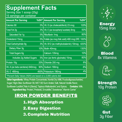 Iron Powder - Highly Absorbed, Avoids Side Effects - Vanilla Whey